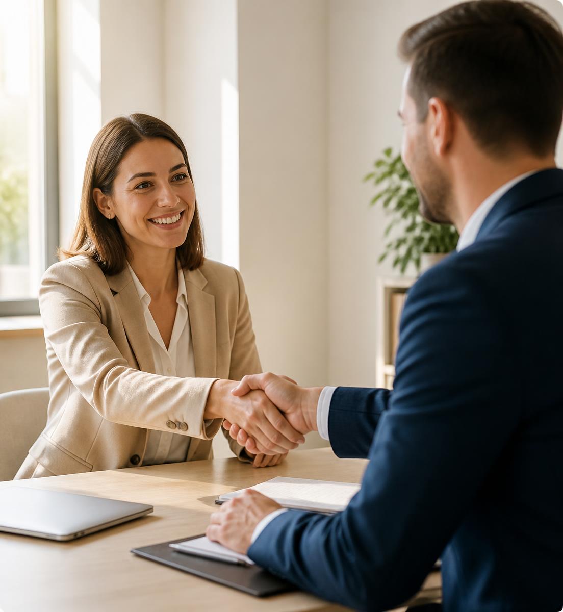 Two business partners shaking hands across a table in a bright office
